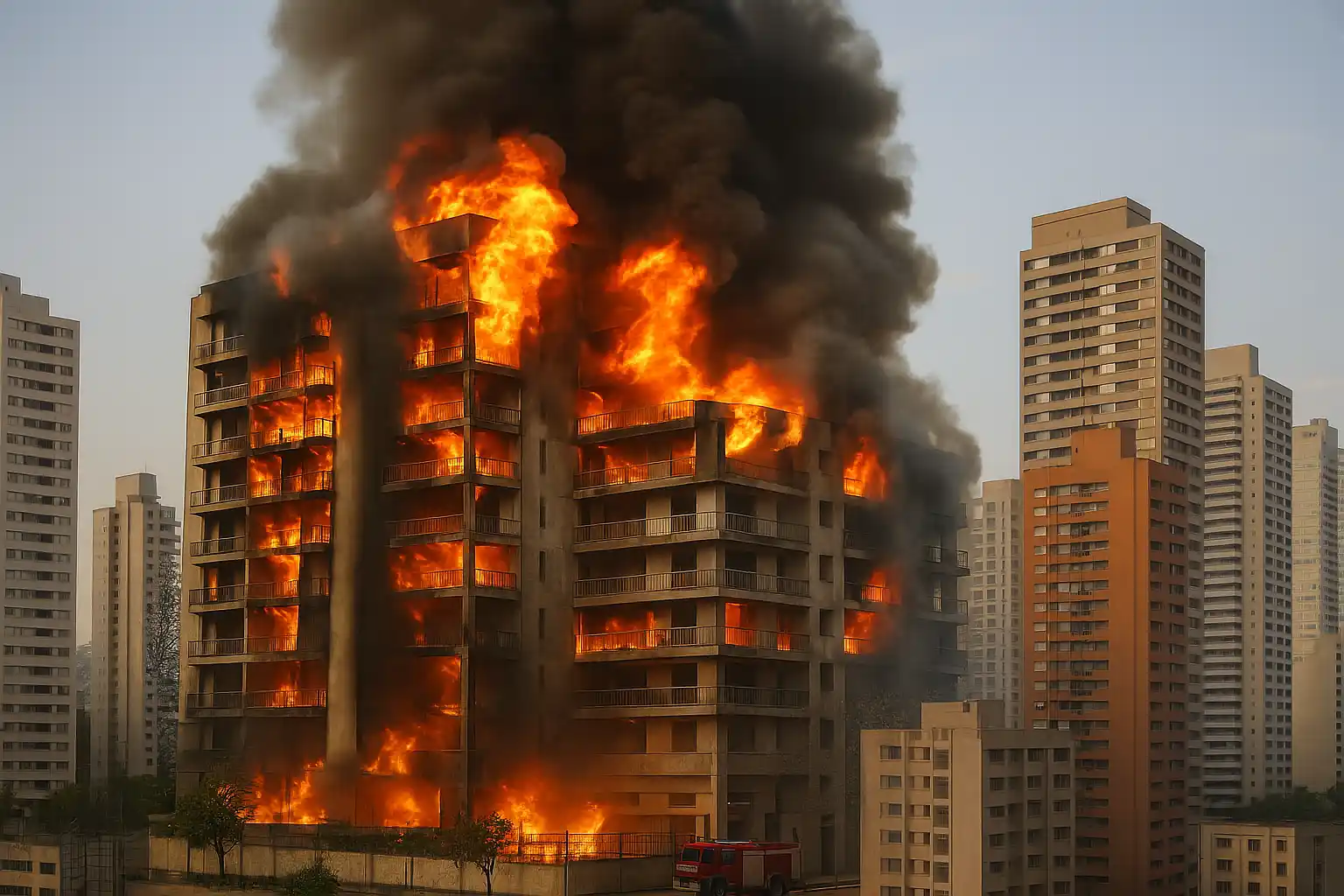 Edificação industrial em situação de incêndio